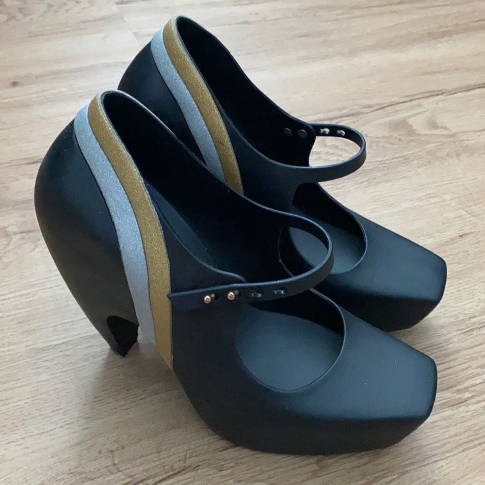 Black Mary Jane Platform Heels with Gold & Silver Stripes